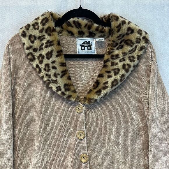 STORYBOOK KNITS Cardigan Sweater Women's 2X Tan Faux Fur Animal Print Trim - Picture 2 of 13